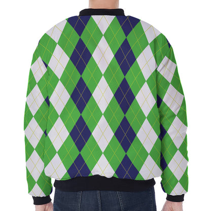 White Navy And Green Argyle Print Zip Sleeve Bomber Jacket