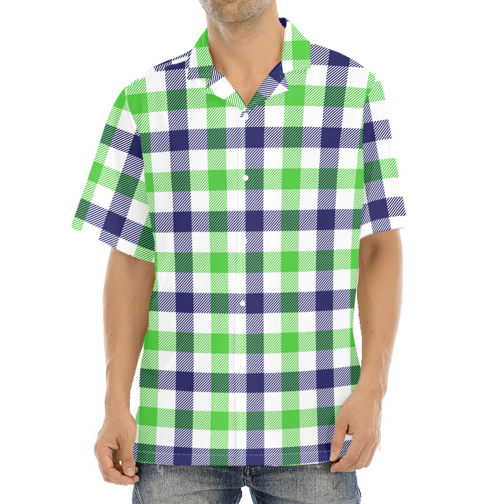White Navy And Green Plaid Print Aloha Shirt