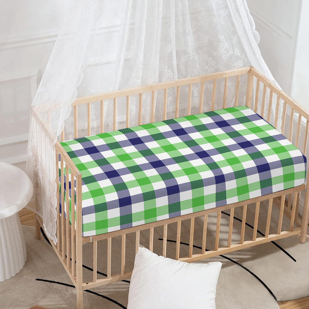 White Navy And Green Plaid Print Baby Crib Sheet