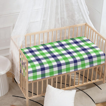 White Navy And Green Plaid Print Baby Crib Sheet