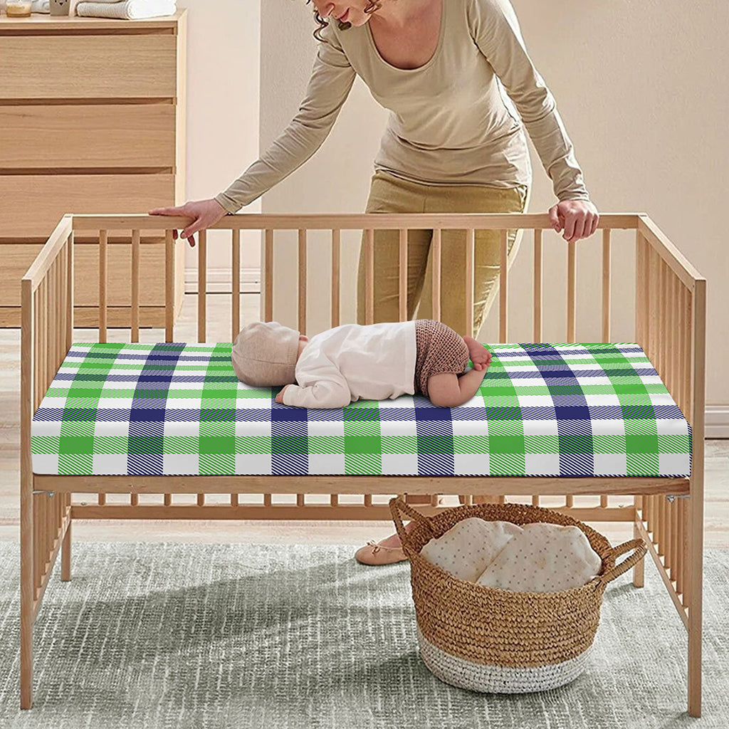 White Navy And Green Plaid Print Baby Crib Sheet