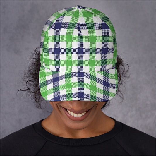 White Navy And Green Plaid Print Baseball Cap