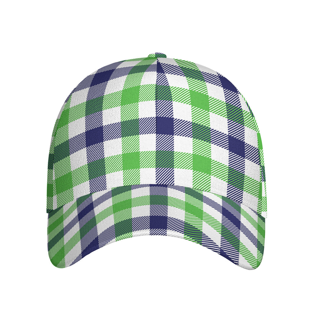 White Navy And Green Plaid Print Baseball Cap