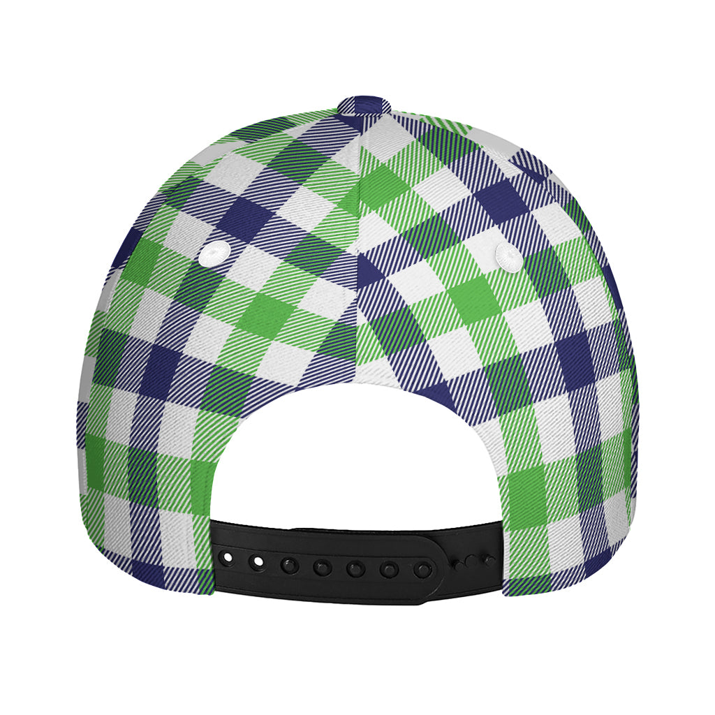 White Navy And Green Plaid Print Baseball Cap