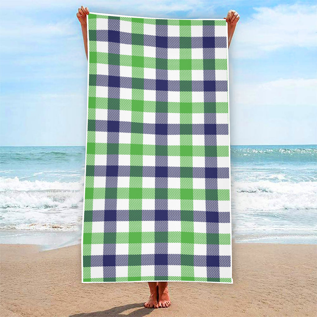White Navy And Green Plaid Print Beach Towel