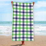 White Navy And Green Plaid Print Beach Towel