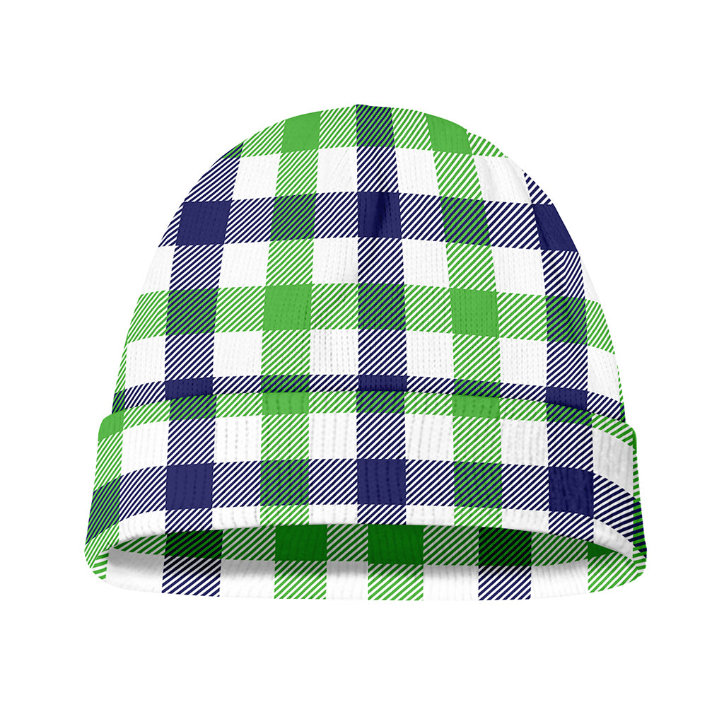 White Navy And Green Plaid Print Beanie