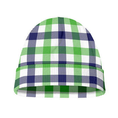 White Navy And Green Plaid Print Beanie