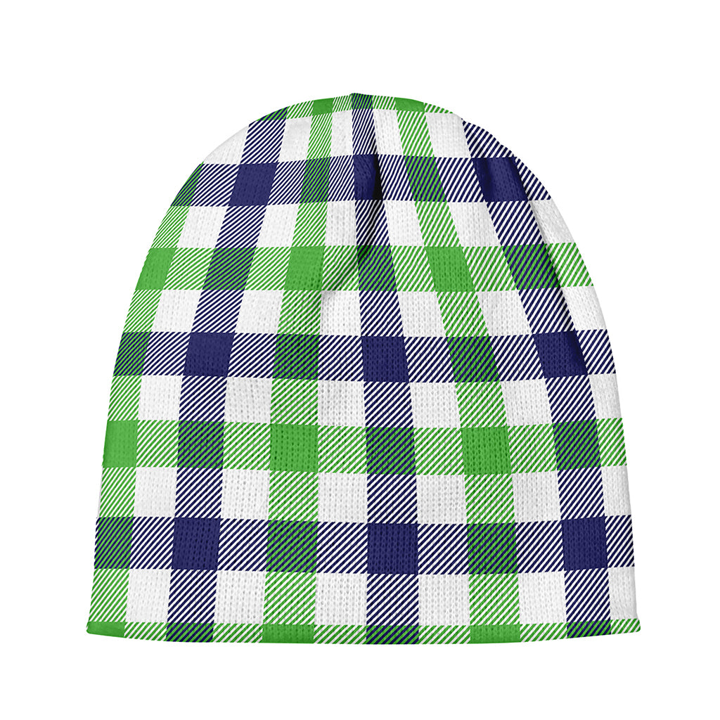White Navy And Green Plaid Print Beanie