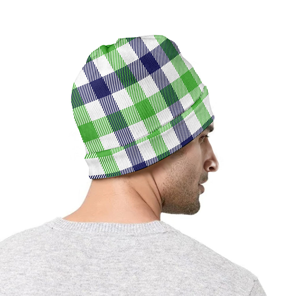 White Navy And Green Plaid Print Beanie