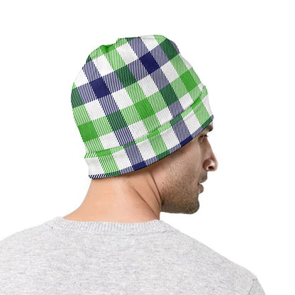 White Navy And Green Plaid Print Beanie