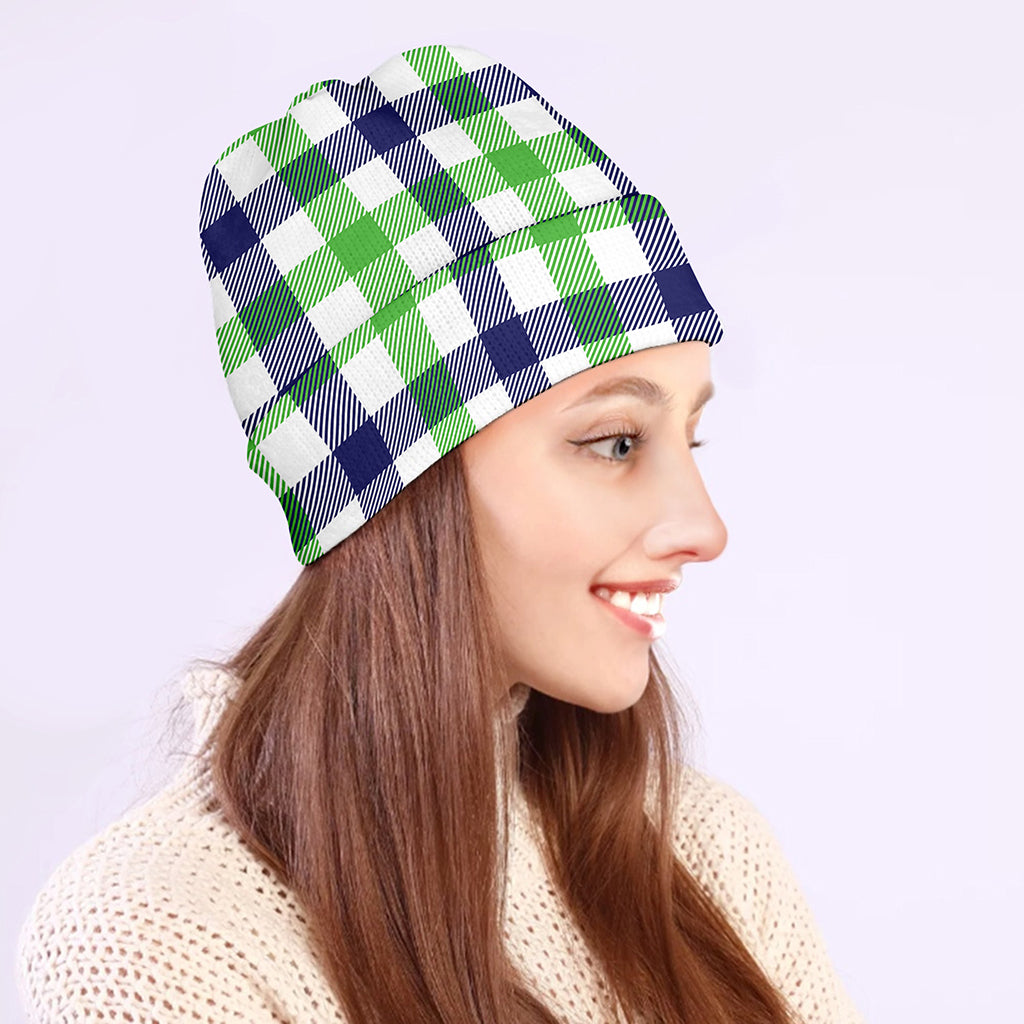 White Navy And Green Plaid Print Beanie