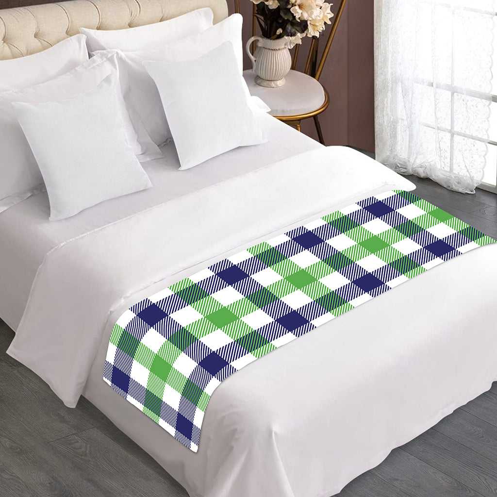 White Navy And Green Plaid Print Bed Runner