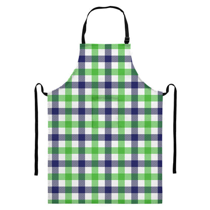 White Navy And Green Plaid Print Bib Apron With Pocket