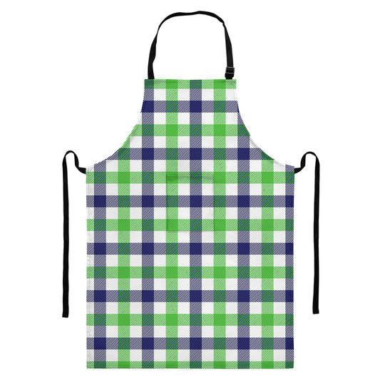 White Navy And Green Plaid Print Bib Apron With Pocket