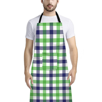 White Navy And Green Plaid Print Bib Apron With Pocket