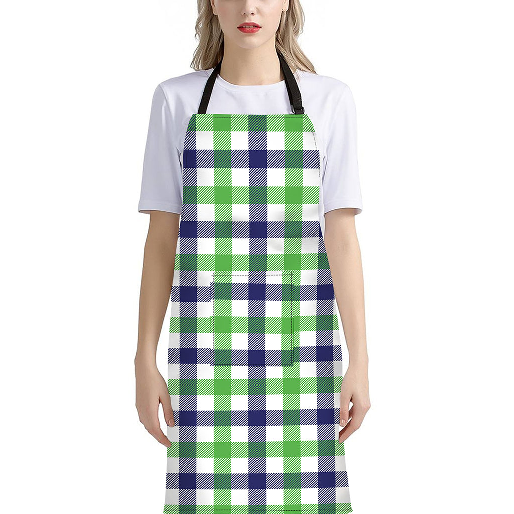 White Navy And Green Plaid Print Bib Apron With Pocket