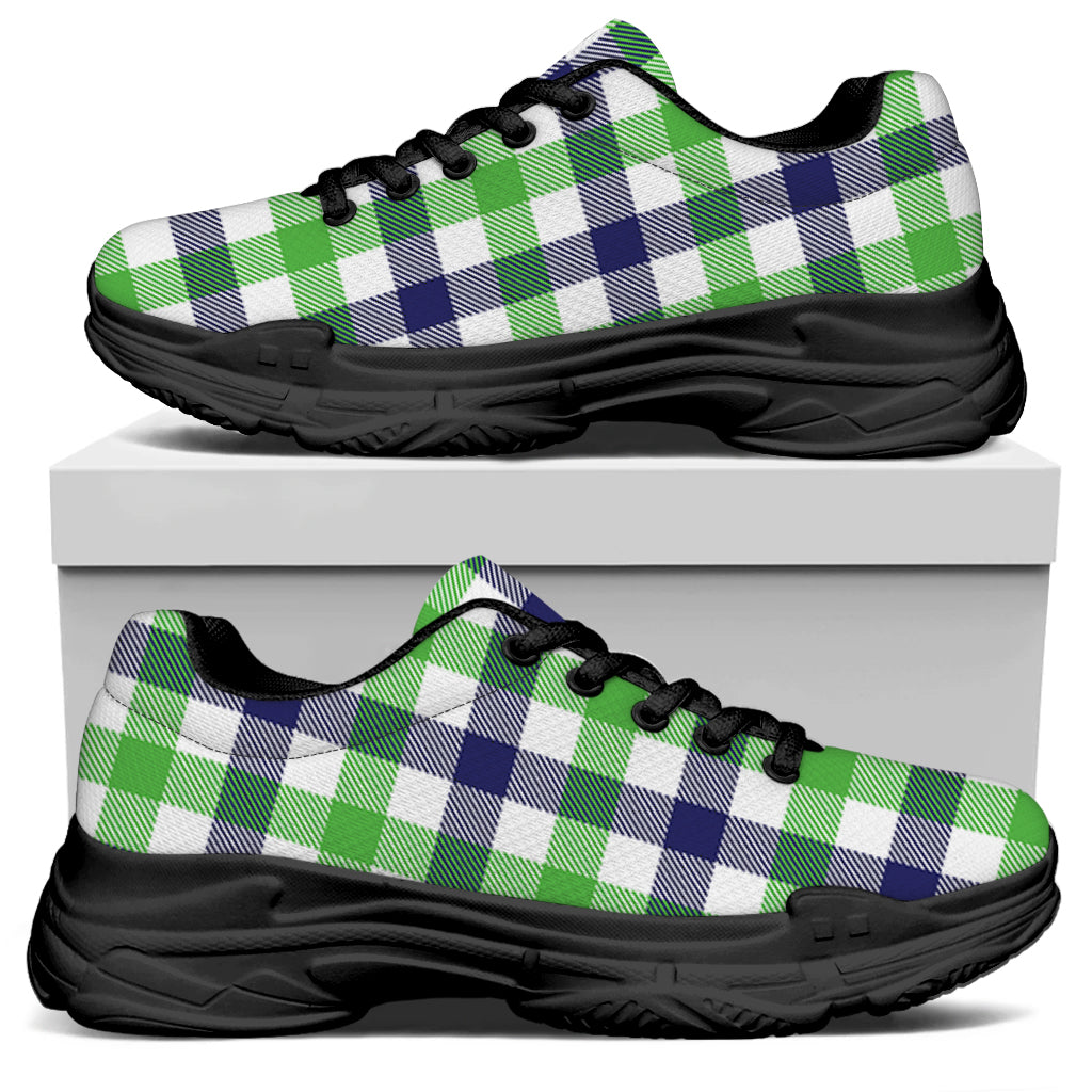 White Navy And Green Plaid Print Black Chunky Shoes