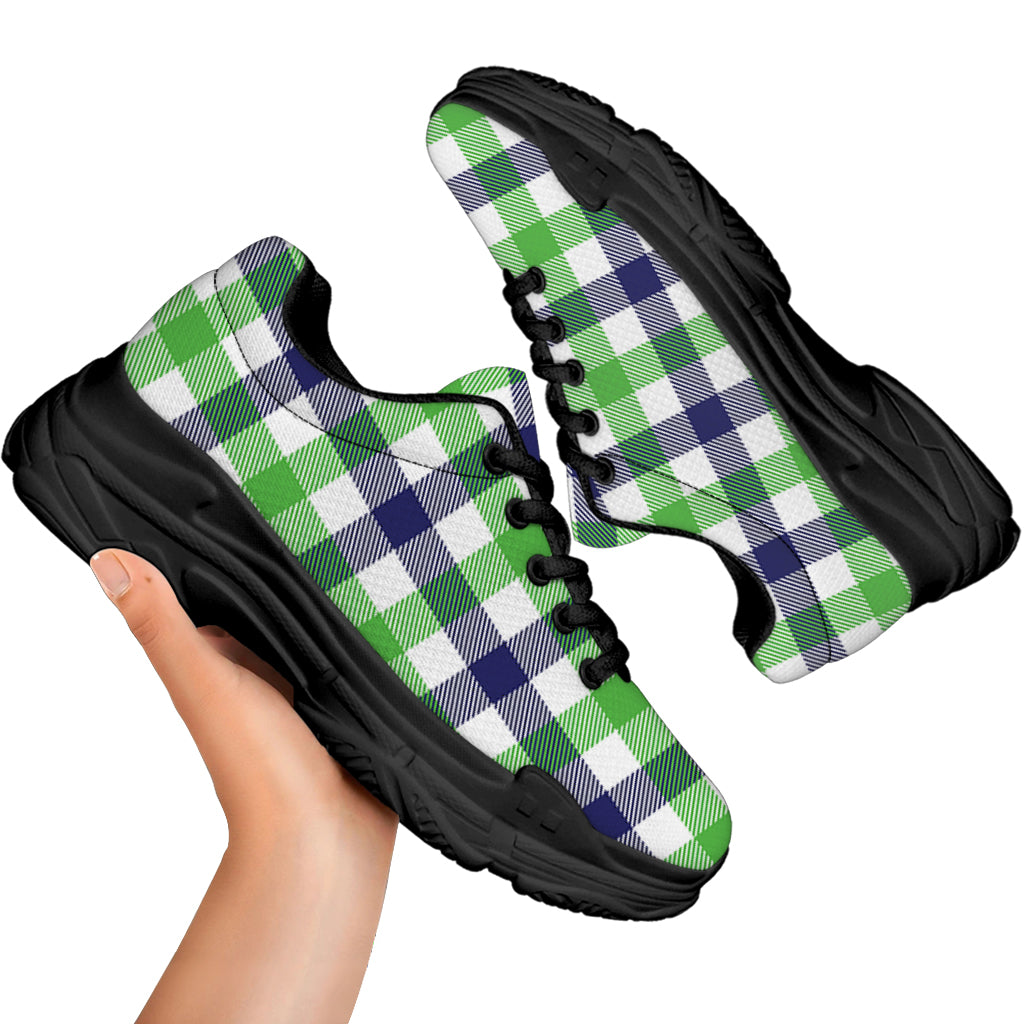 White Navy And Green Plaid Print Black Chunky Shoes