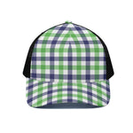 White Navy And Green Plaid Print Black Mesh Trucker Cap