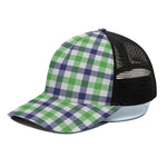 White Navy And Green Plaid Print Black Mesh Trucker Cap