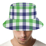 White Navy And Green Plaid Print Bucket Hat