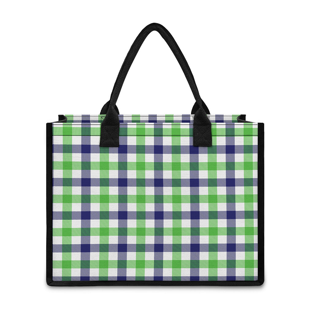 White Navy And Green Plaid Print Canvas Tote Bag
