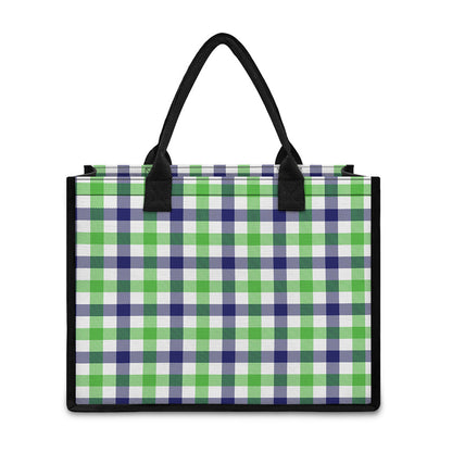 White Navy And Green Plaid Print Canvas Tote Bag