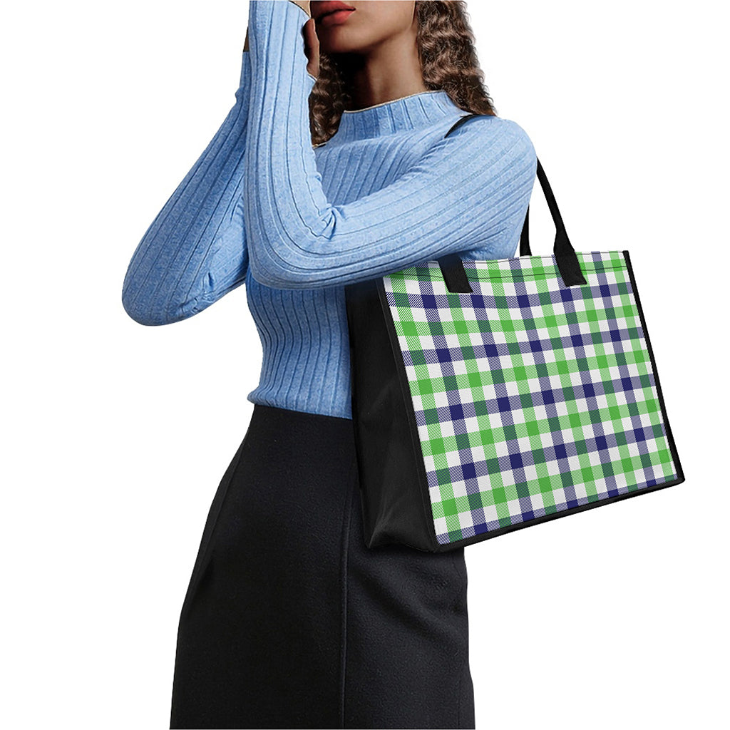 White Navy And Green Plaid Print Canvas Tote Bag