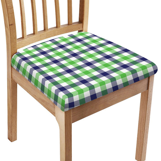 White Navy And Green Plaid Print Chair Cushion Cover