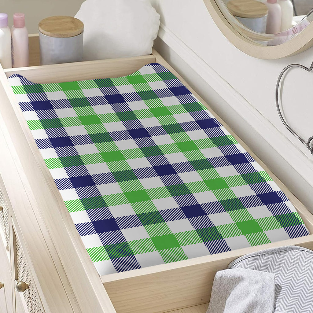 White Navy And Green Plaid Print Changing Pad Cover