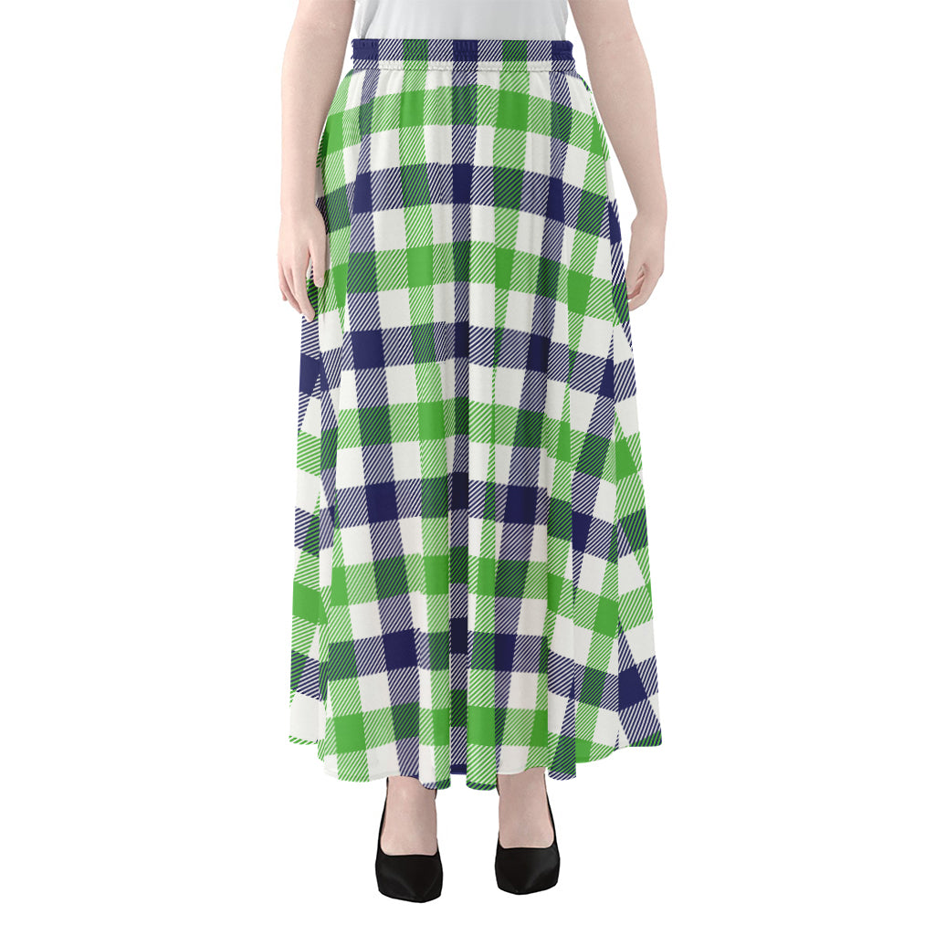 White Navy And Green Plaid Print Chiffon Maxi Skirt