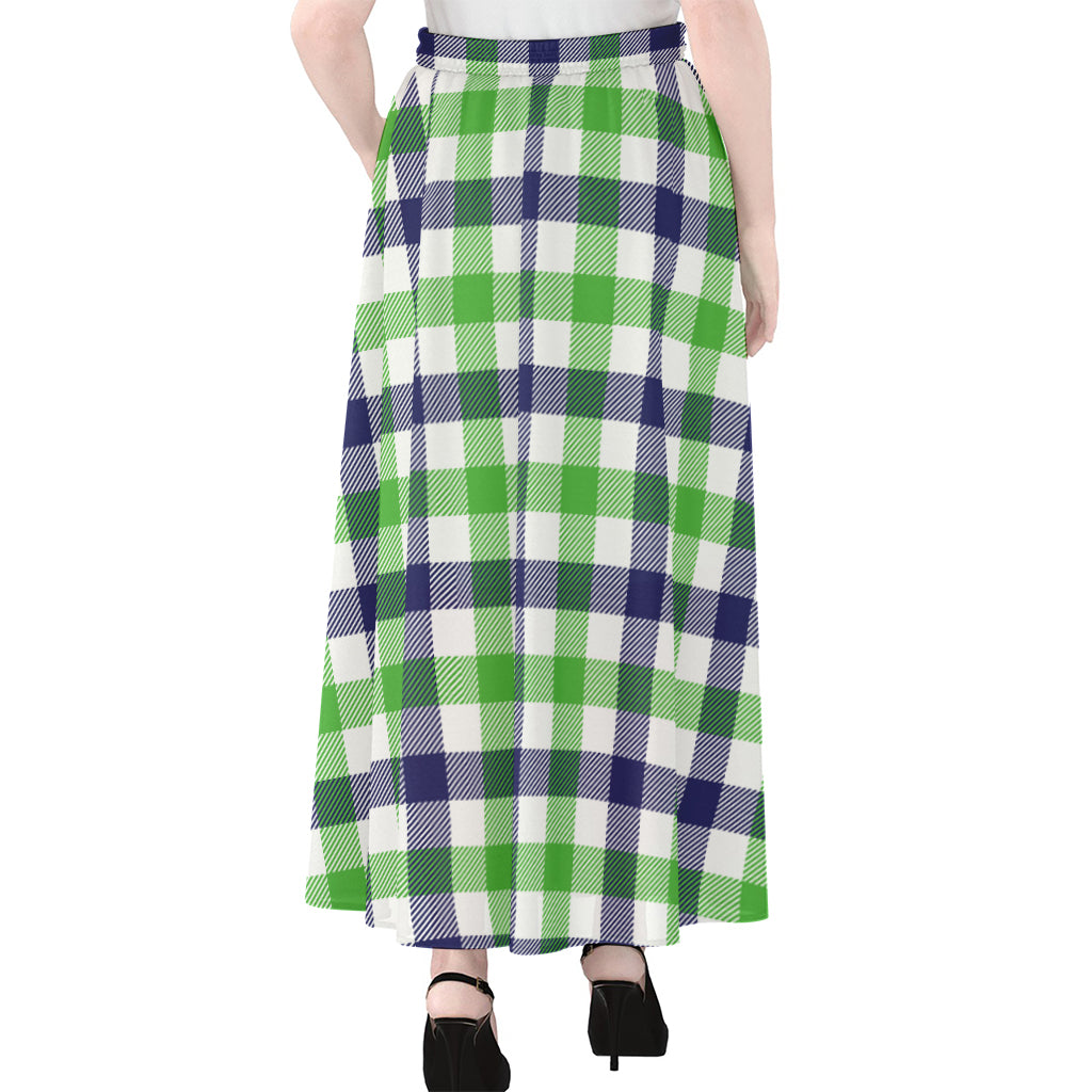 White Navy And Green Plaid Print Chiffon Maxi Skirt