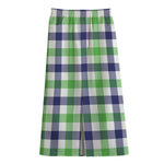 White Navy And Green Plaid Print Cotton Front Slit Maxi Skirt