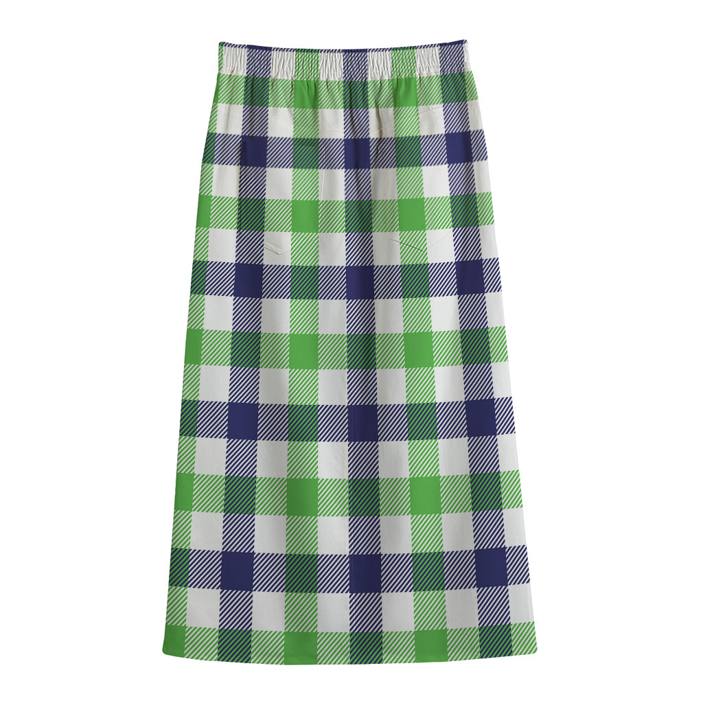 White Navy And Green Plaid Print Cotton Front Slit Maxi Skirt