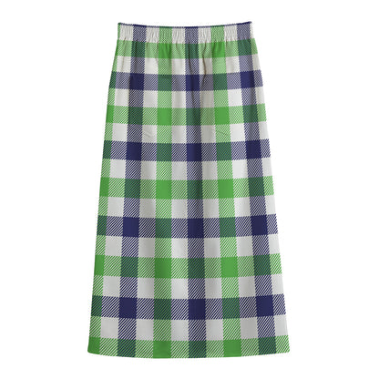 White Navy And Green Plaid Print Cotton Front Slit Maxi Skirt