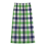 White Navy And Green Plaid Print Cotton Front Slit Maxi Skirt