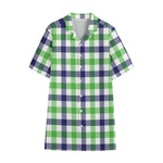 White Navy And Green Plaid Print Cotton Hawaiian Shirt