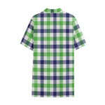 White Navy And Green Plaid Print Cotton Hawaiian Shirt