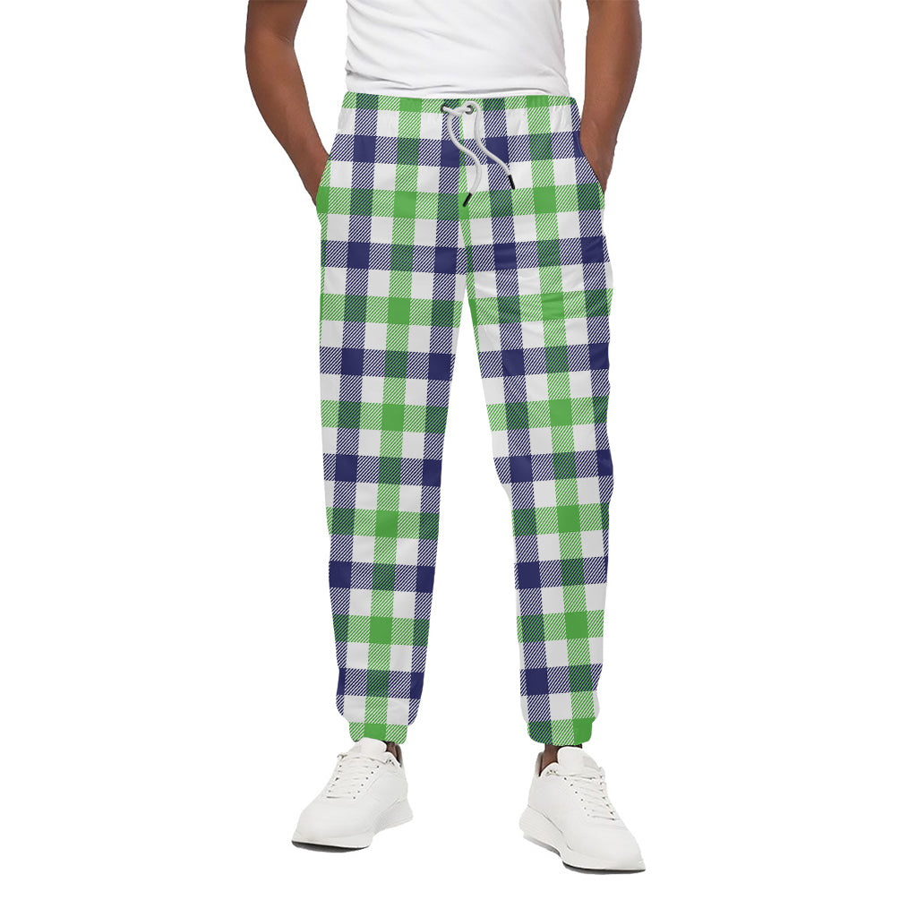 White Navy And Green Plaid Print Cotton Pants