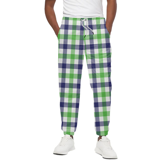 White Navy And Green Plaid Print Cotton Pants