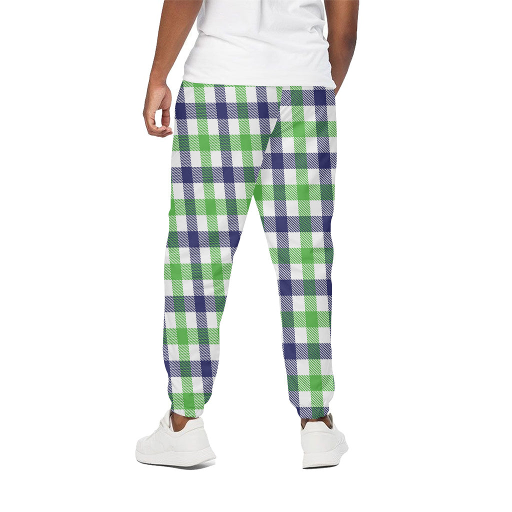 White Navy And Green Plaid Print Cotton Pants