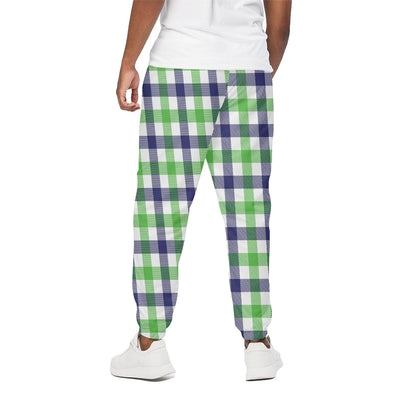 White Navy And Green Plaid Print Cotton Pants