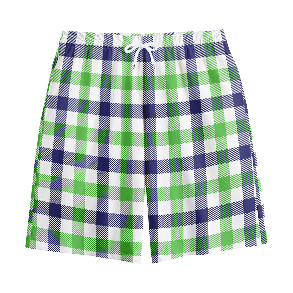 White Navy And Green Plaid Print Cotton Shorts