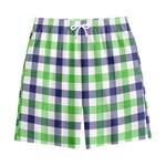 White Navy And Green Plaid Print Cotton Shorts