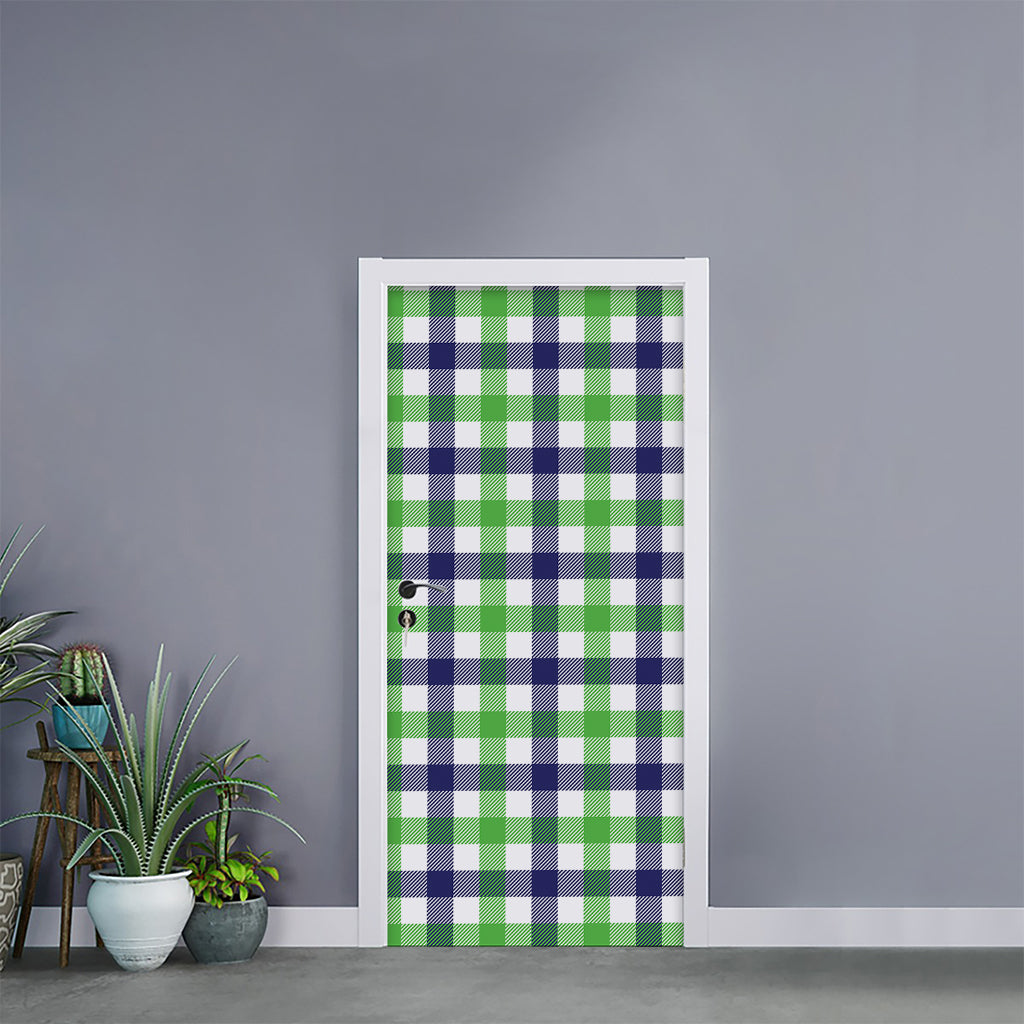 White Navy And Green Plaid Print Door Sticker