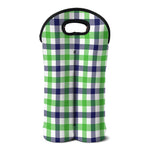 White Navy And Green Plaid Print Double Neoprene Wine Tote