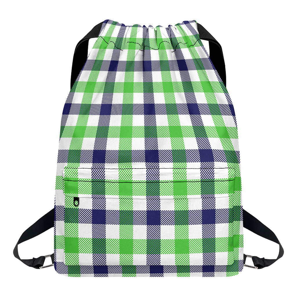 White Navy And Green Plaid Print Drawstring Backpack