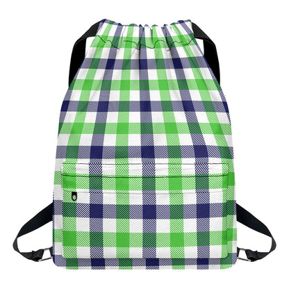 White Navy And Green Plaid Print Drawstring Backpack