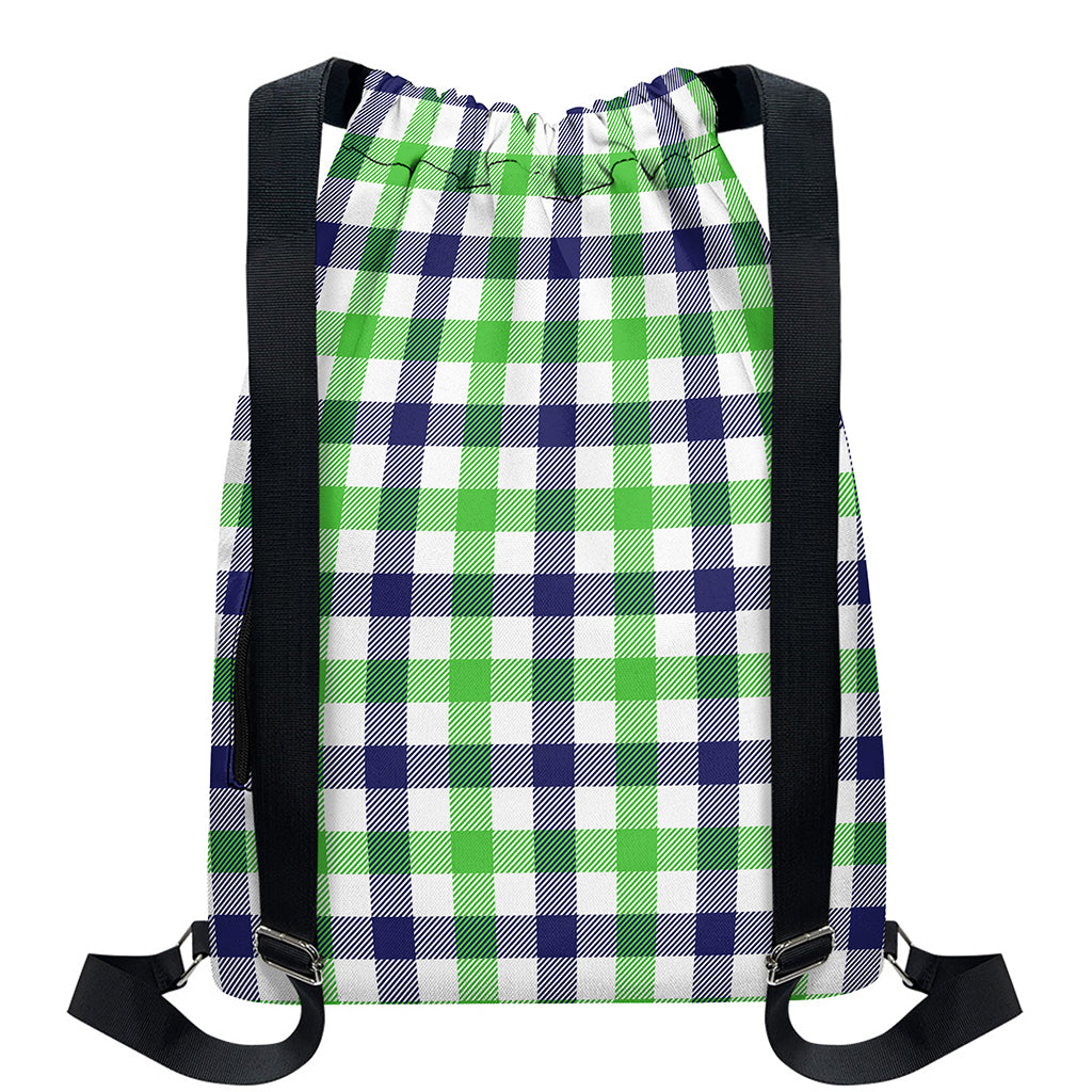 White Navy And Green Plaid Print Drawstring Backpack